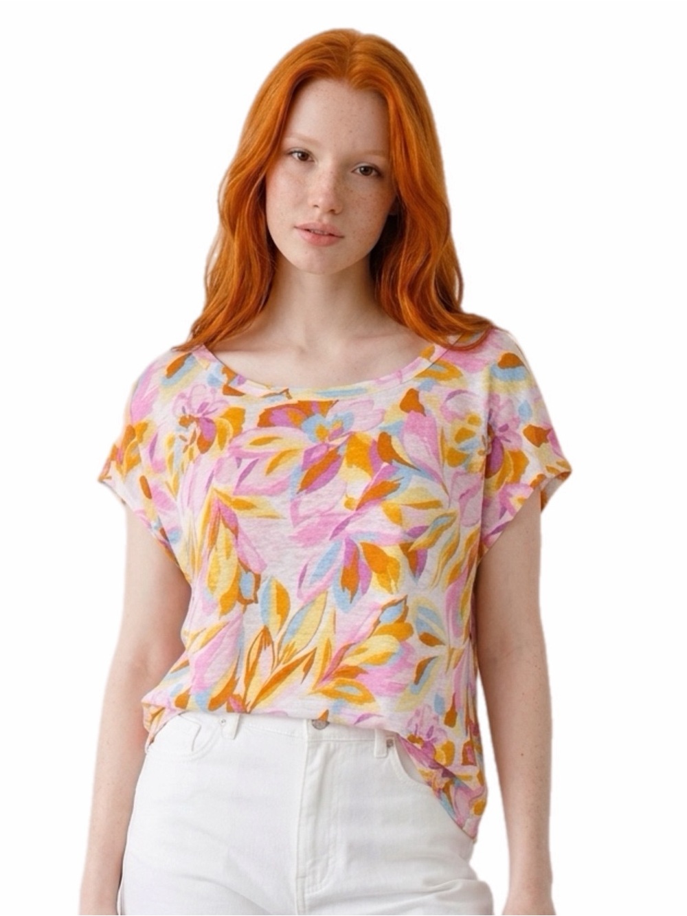 JOIE Women’s 100% Slub Linen Floral Botanical Print Scoop Neck Tee - Large